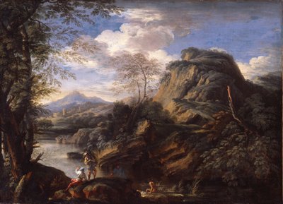 Mountain Landscape with Figures and a Man Bathing by Salvator Rosa